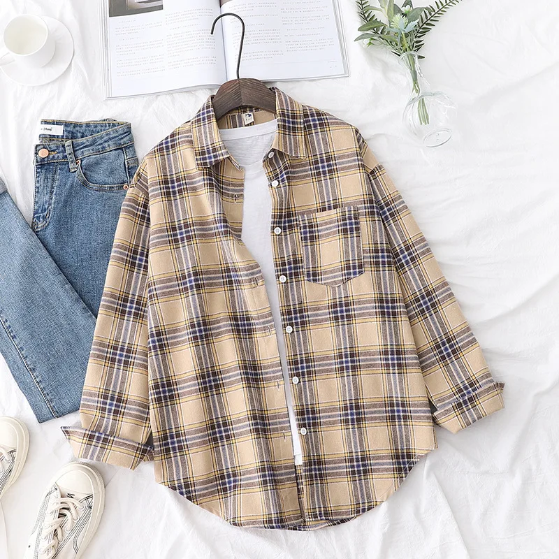 Brand Women's Flannel Plaid Shirts 2026 New Ladies Tops Exquisite Designer Style Loose Blouses Casual Cotton Long Sleeve Blouse