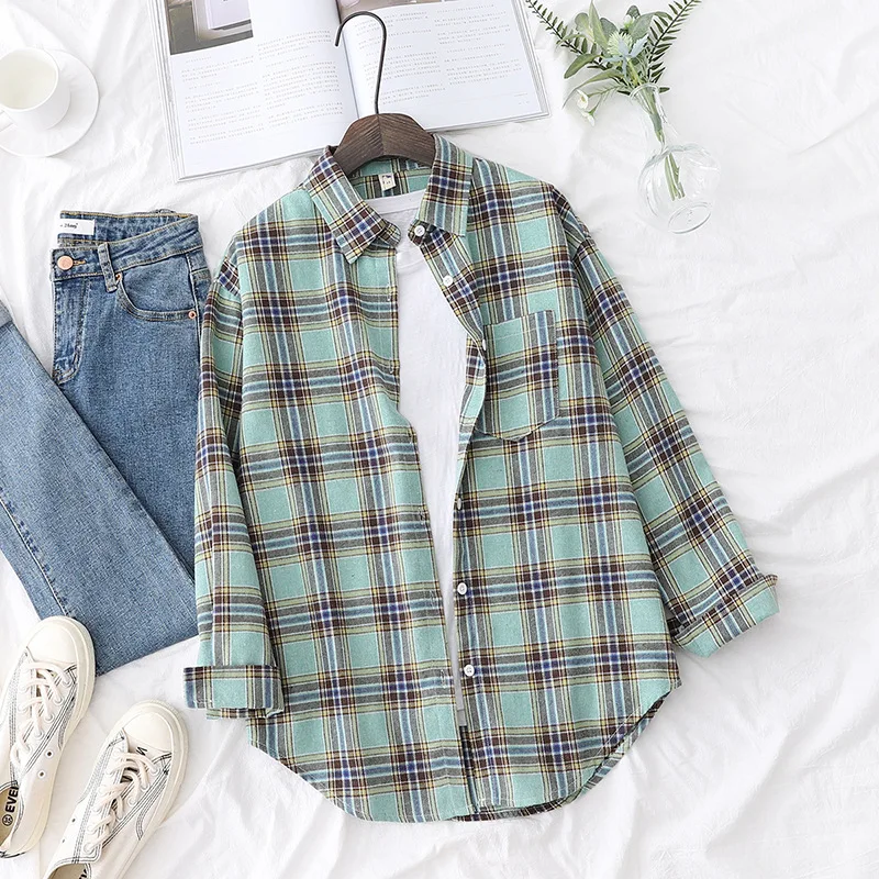 Brand Women's Flannel Plaid Shirts 2026 New Ladies Tops Exquisite Designer Style Loose Blouses Casual Cotton Long Sleeve Blouse