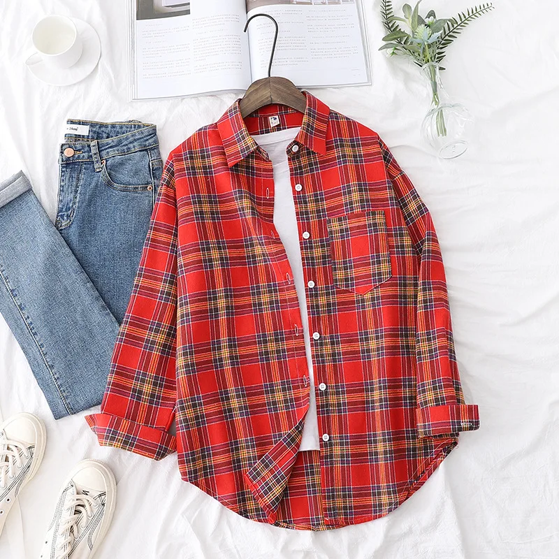 Brand Women's Flannel Plaid Shirts 2026 New Ladies Tops Exquisite Designer Style Loose Blouses Casual Cotton Long Sleeve Blouse