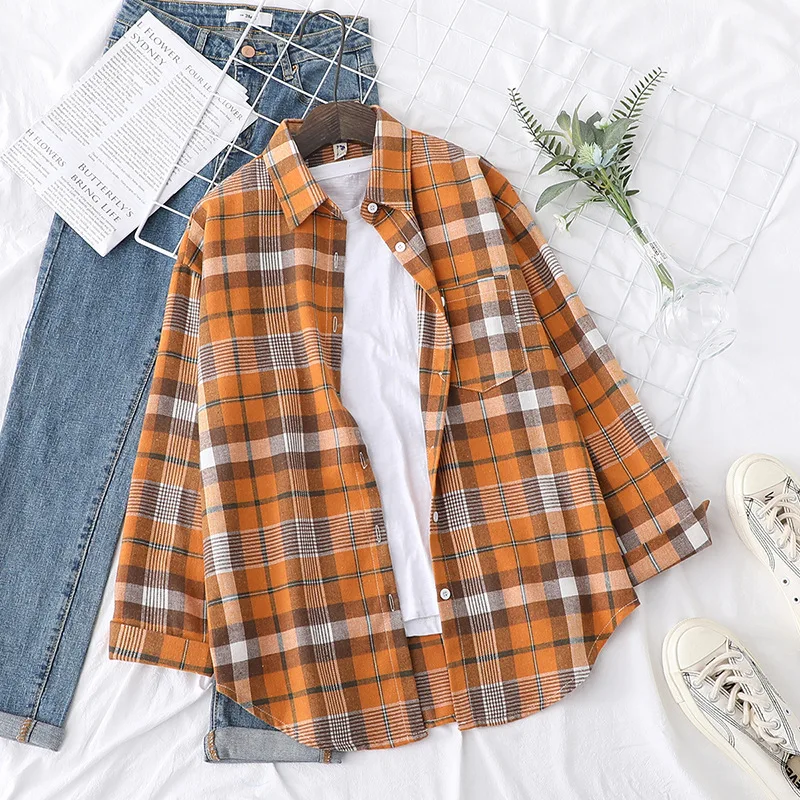 Brand Women's Flannel Plaid Shirts 2026 New Ladies Tops Exquisite Designer Style Loose Blouses Casual Cotton Long Sleeve Blouse