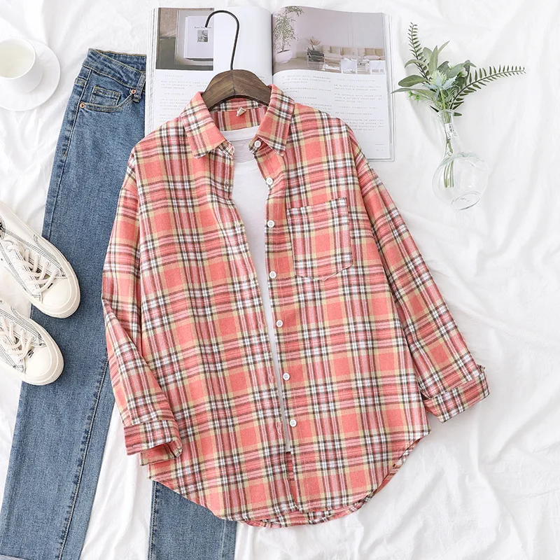 Brand Women's Flannel Plaid Shirts 2026 New Ladies Tops Exquisite Designer Style Loose Blouses Casual Cotton Long Sleeve Blouse