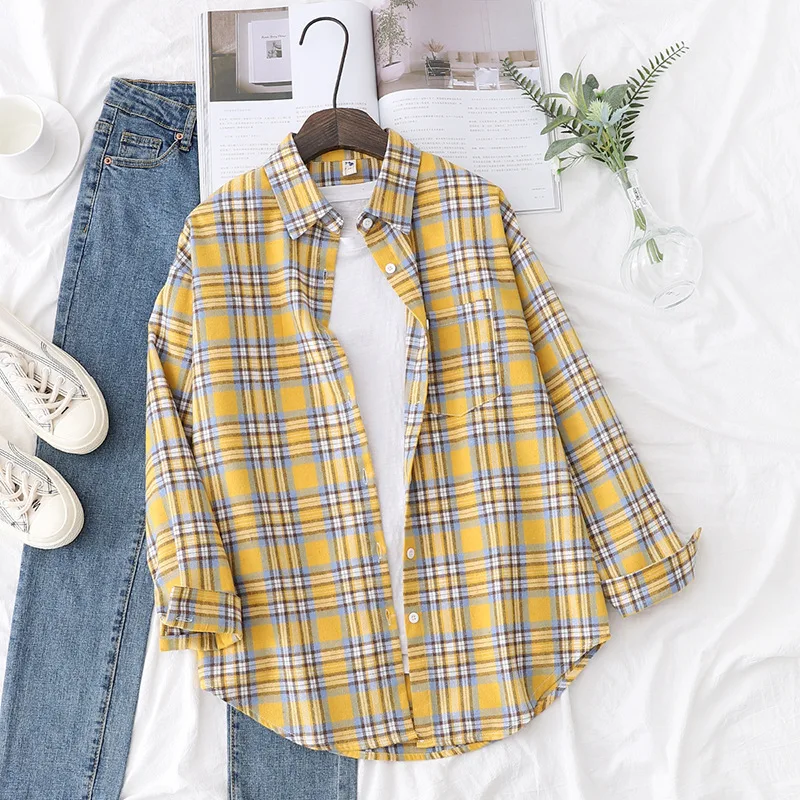 Brand Women's Flannel Plaid Shirts 2026 New Ladies Tops Exquisite Designer Style Loose Blouses Casual Cotton Long Sleeve Blouse