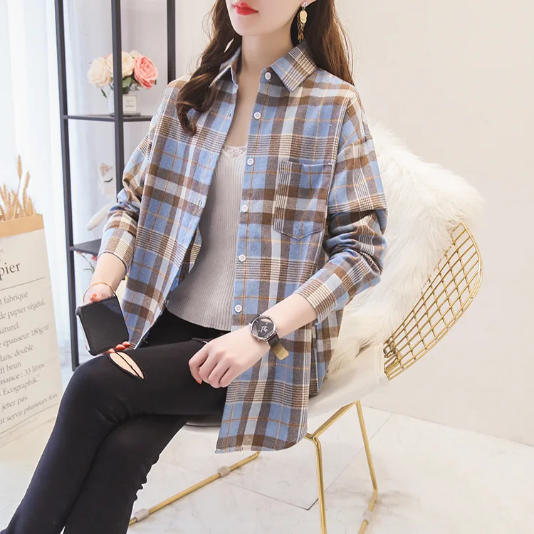 Brand Women's Flannel Plaid Shirts 2026 New Ladies Tops Exquisite Designer Style Loose Blouses Casual Cotton Long Sleeve Blouse