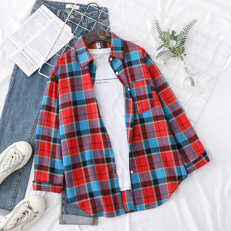 Brand Women's Flannel Plaid Shirts 2026 New Ladies Tops Exquisite Designer Style Loose Blouses Casual Cotton Long Sleeve Blouse