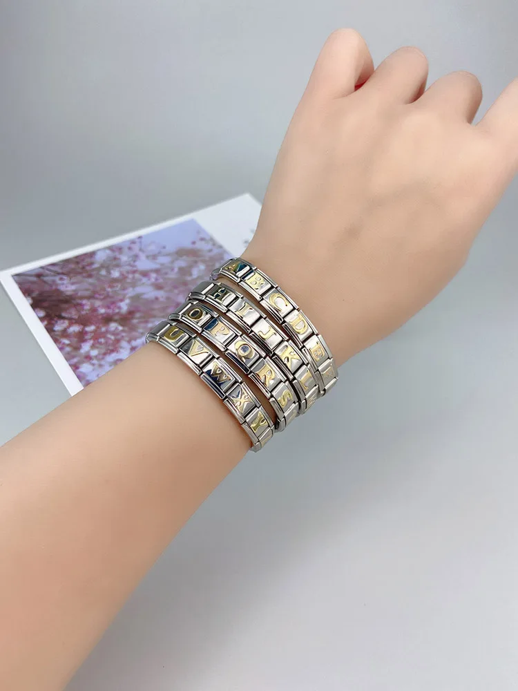 Hapiship 2024 New Fashion 26 English Letters Italian Charm Links Fit 9mm Stainless Steel Bracelet Making Women Jewelry DJ110