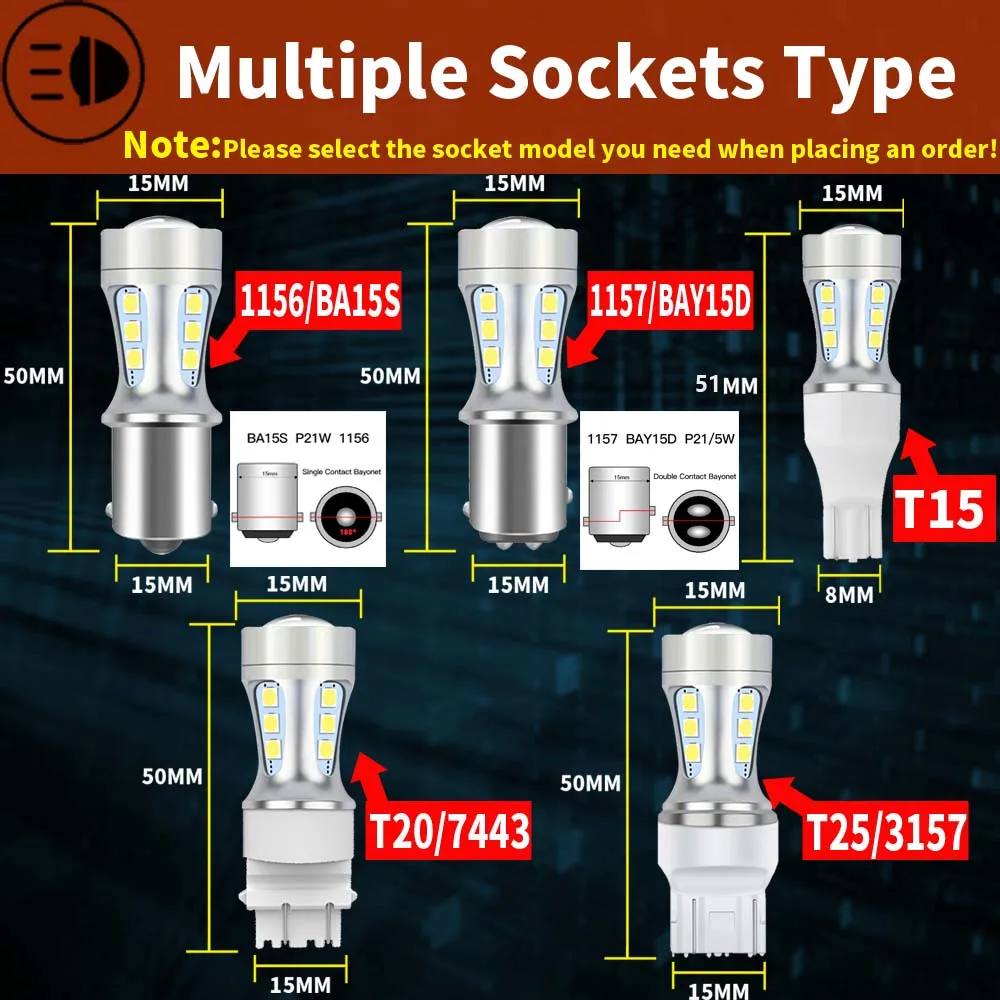 2x P21W BA15S LED Canbus 1156 BAY15D 1157 P21/5W LED Bulbs T15 R5W Car Lights 6500K White Brake Lights Reverse Lamp DRL T20 7443