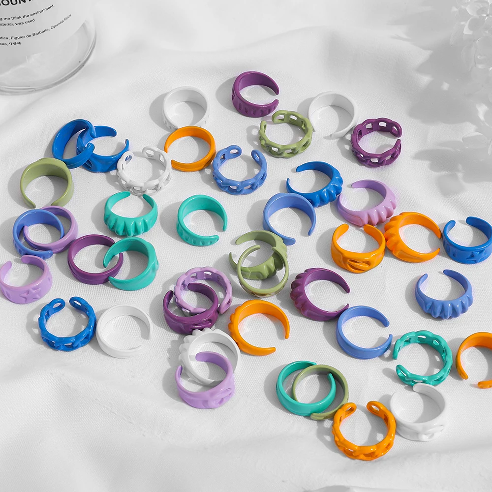 2021 New Trendy Hand-painted Candy Color Dripping Oil Geometric Chain Rings for Women Multicolor Irregular Open Rings Jewelry