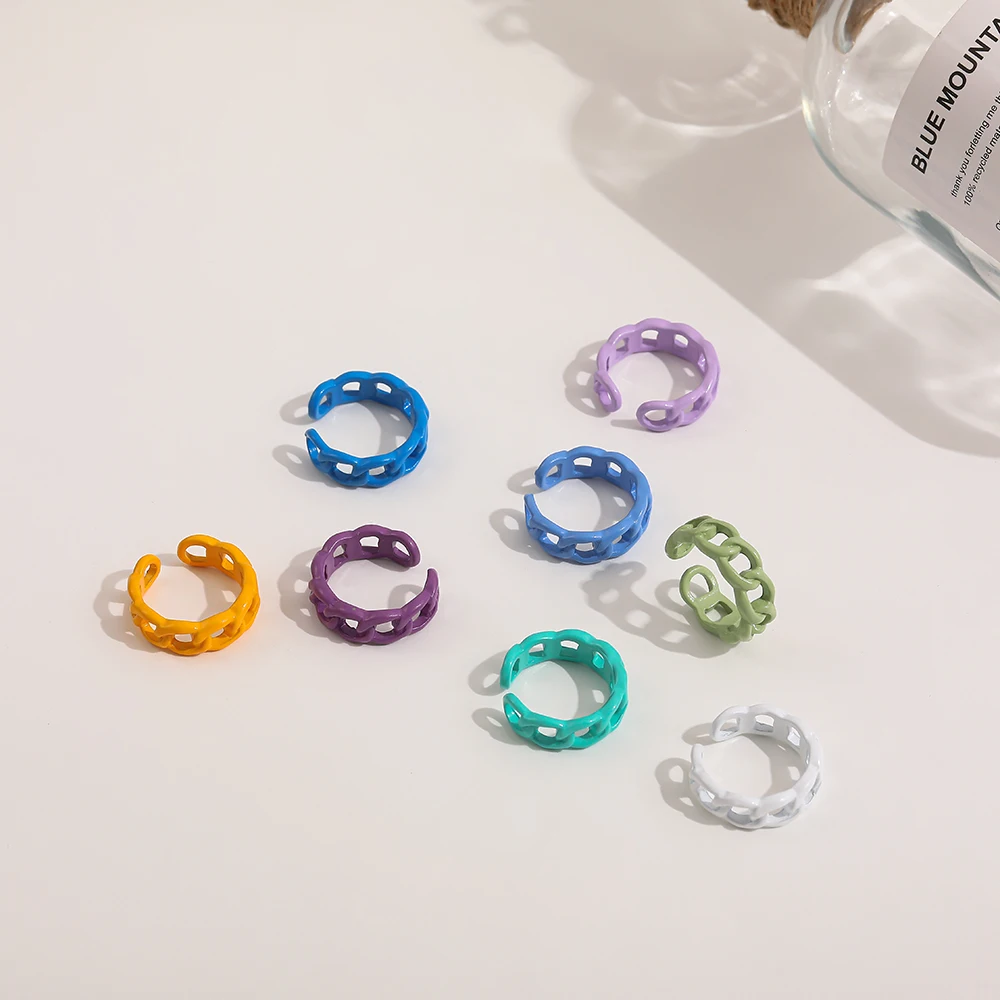 2021 New Trendy Hand-painted Candy Color Dripping Oil Geometric Chain Rings for Women Multicolor Irregular Open Rings Jewelry