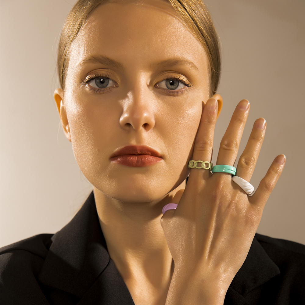 2021 New Trendy Hand-painted Candy Color Dripping Oil Geometric Chain Rings for Women Multicolor Irregular Open Rings Jewelry