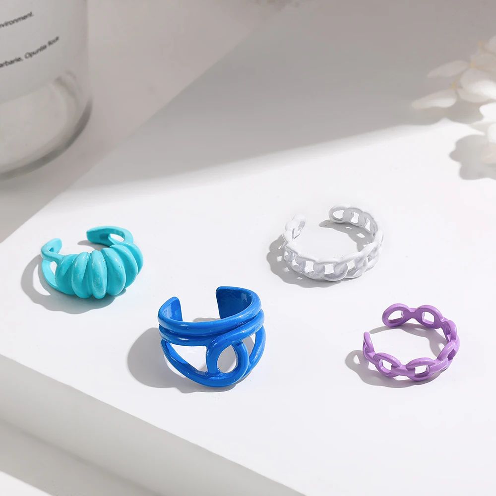 2021 New Trendy Hand-painted Candy Color Dripping Oil Geometric Chain Rings for Women Multicolor Irregular Open Rings Jewelry