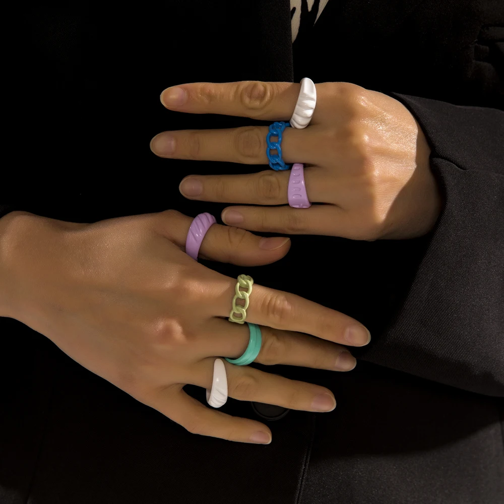2021 New Trendy Hand-painted Candy Color Dripping Oil Geometric Chain Rings for Women Multicolor Irregular Open Rings Jewelry