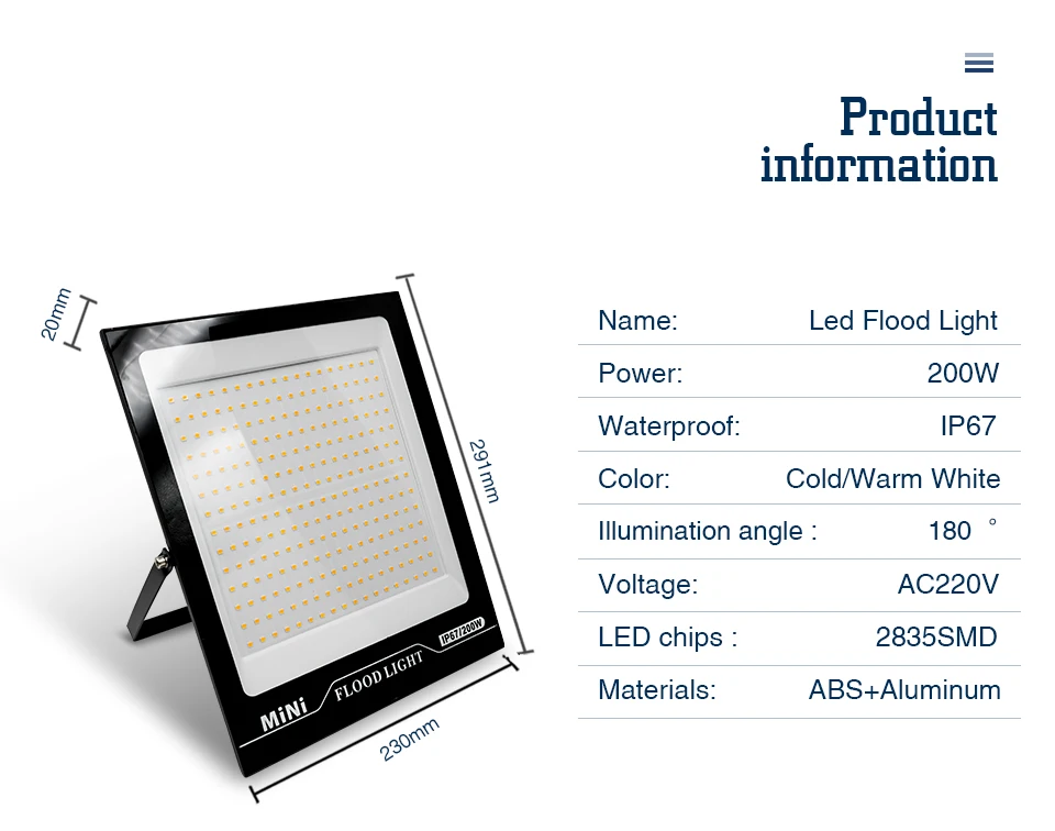 10W 20W 30W 50W 100W 150W 200W Led Flood Light 220V Outdoor Floodlight Spotlight IP67 Waterproof Street Lamp Landscape Lighting