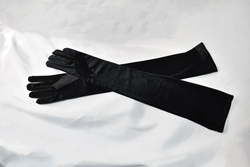 53CM Women Golden Velvet Long Autumn Winter Warm Black Evening Dress Etiquette Gloves Retro Style Banquet Accessories Elasticity