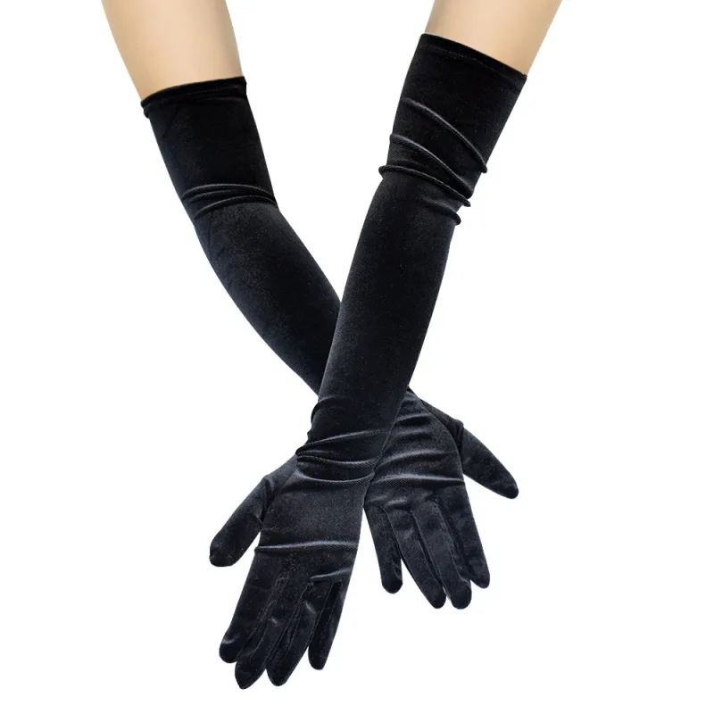 53CM Women Golden Velvet Long Autumn Winter Warm Black Evening Dress Etiquette Gloves Retro Style Banquet Accessories Elasticity