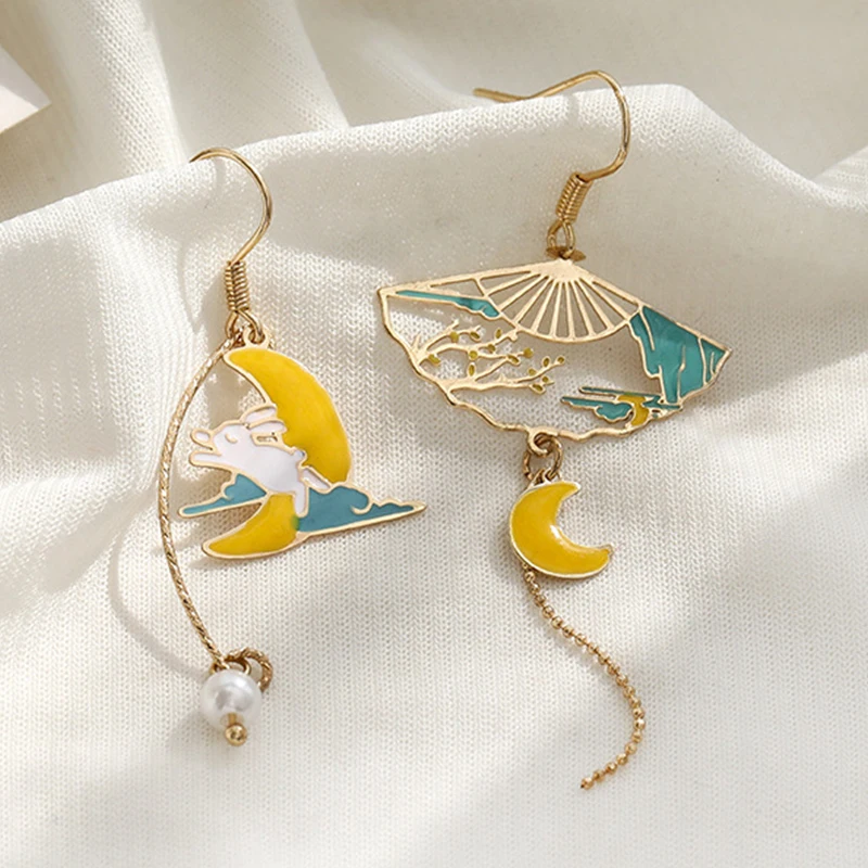 Chinese Style Folding Fan Modeling Crane Cloud Hanging Dangle Earrings for Women Hollow Asymmetric Drop Earring National Jewelry