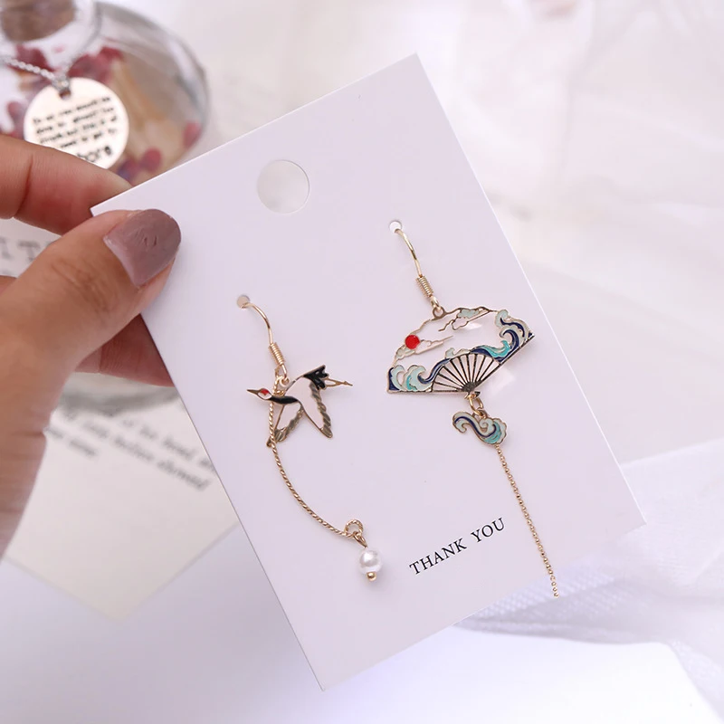 Chinese Style Folding Fan Modeling Crane Cloud Hanging Dangle Earrings for Women Hollow Asymmetric Drop Earring National Jewelry