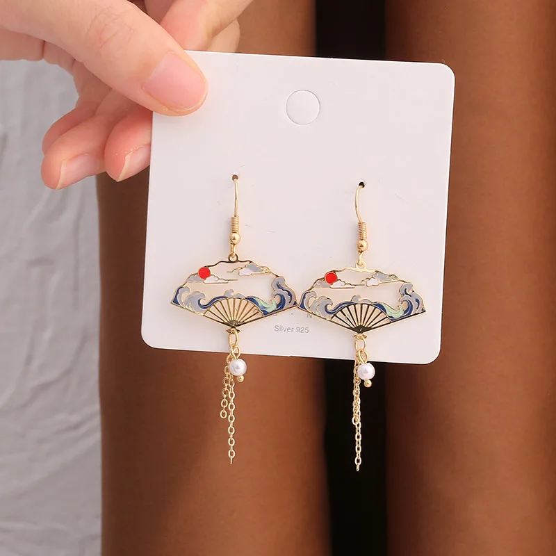 Chinese Style Folding Fan Modeling Crane Cloud Hanging Dangle Earrings for Women Hollow Asymmetric Drop Earring National Jewelry