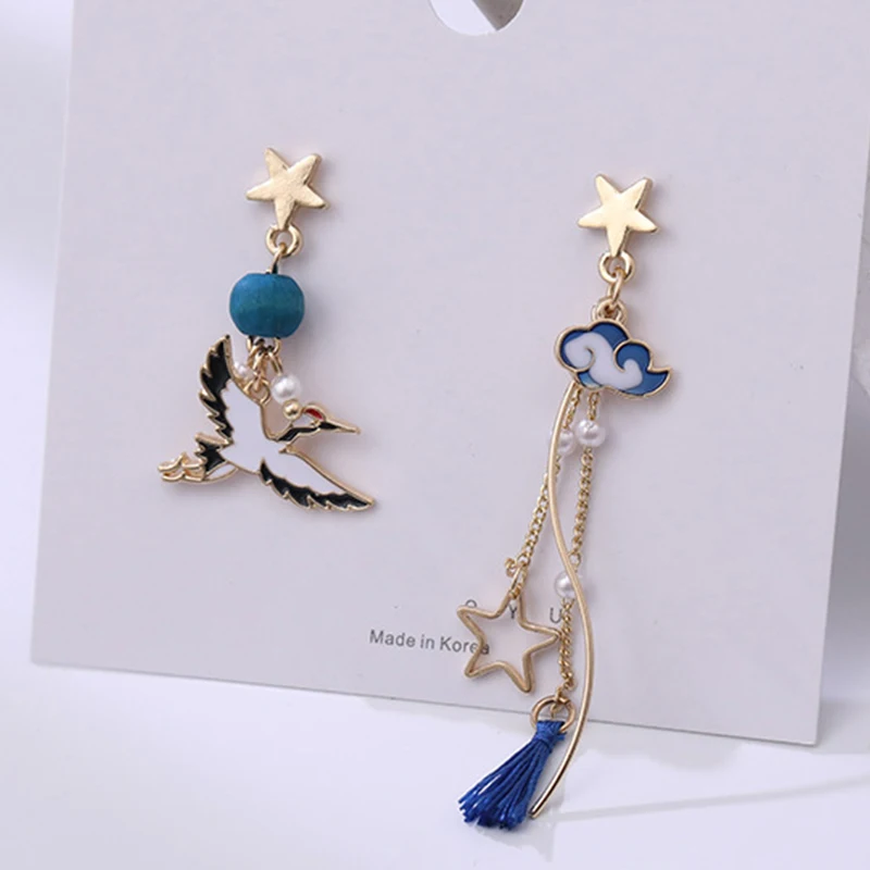 Chinese Style Folding Fan Modeling Crane Cloud Hanging Dangle Earrings for Women Hollow Asymmetric Drop Earring National Jewelry