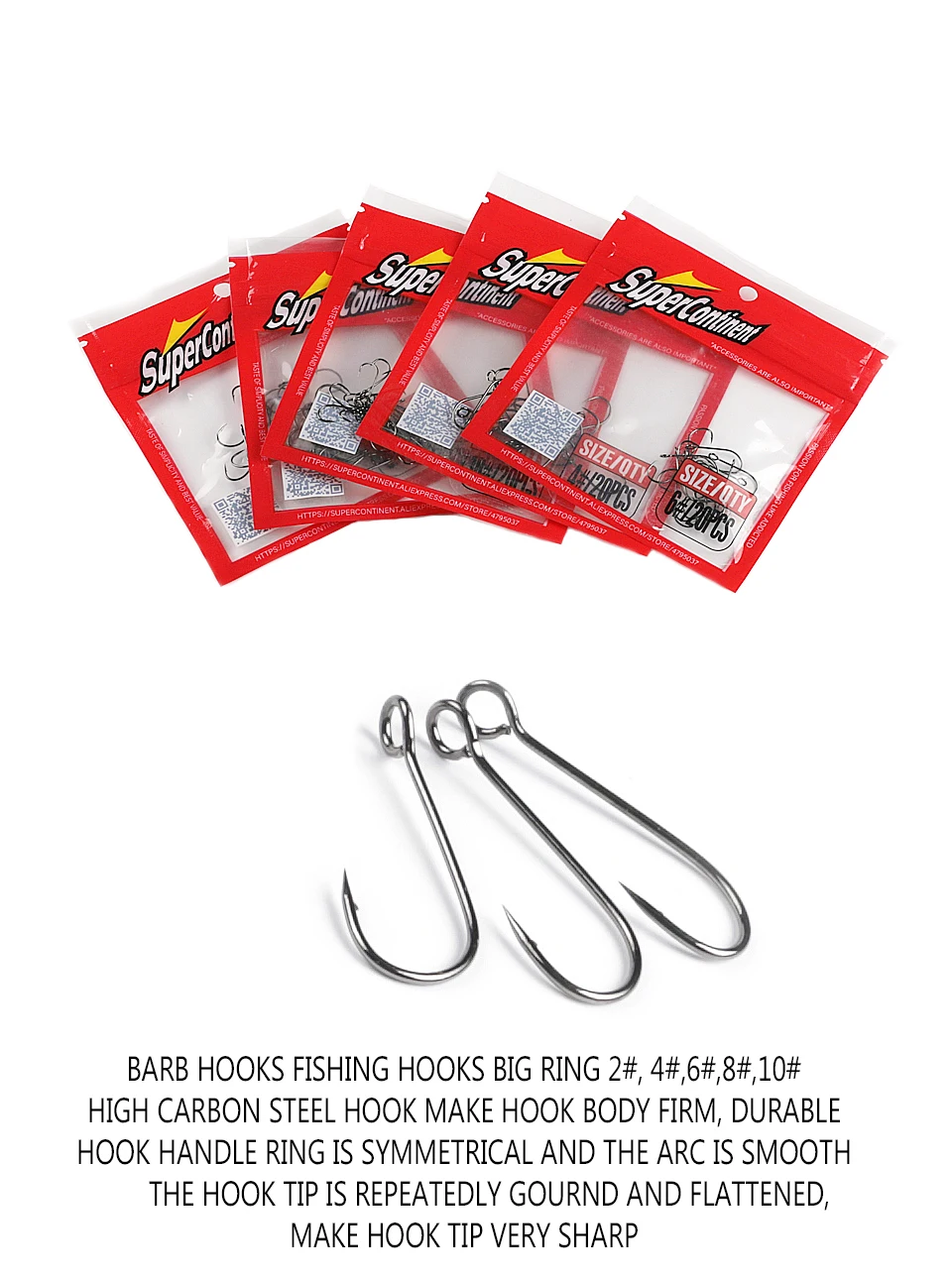 Supercontinent Barb Hook Fishing hook big ring Carbon Steel Single Hooks tackle Worm Hooks With big eyes Ring 20pcs