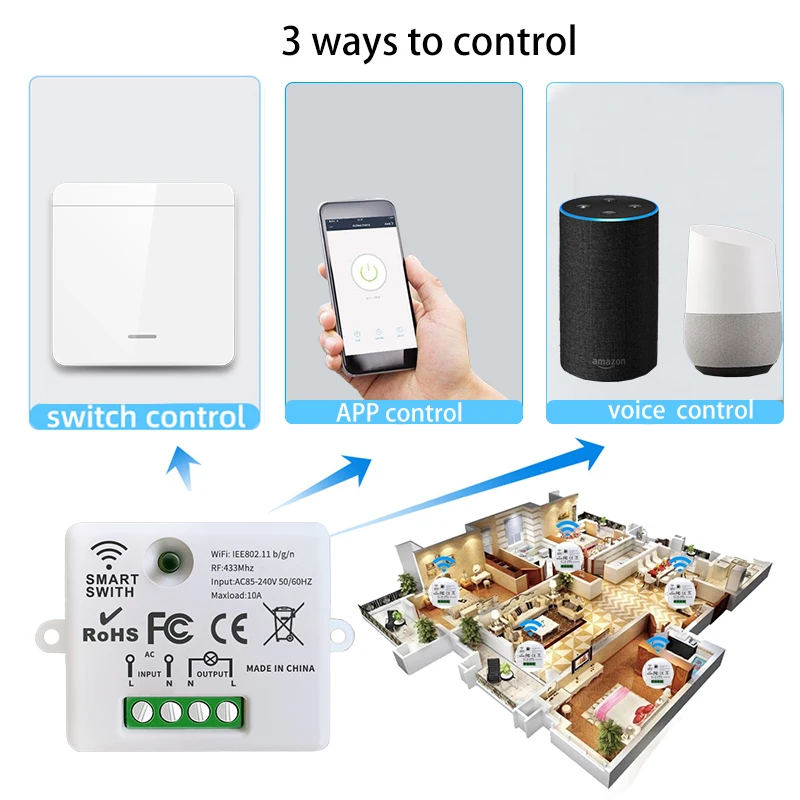 WIFI Mini switch Tuya Smart Life APP Push Button Light Switch RF 433Mhz Wall Panel DIY Relay Module Timer Google Home Alexa