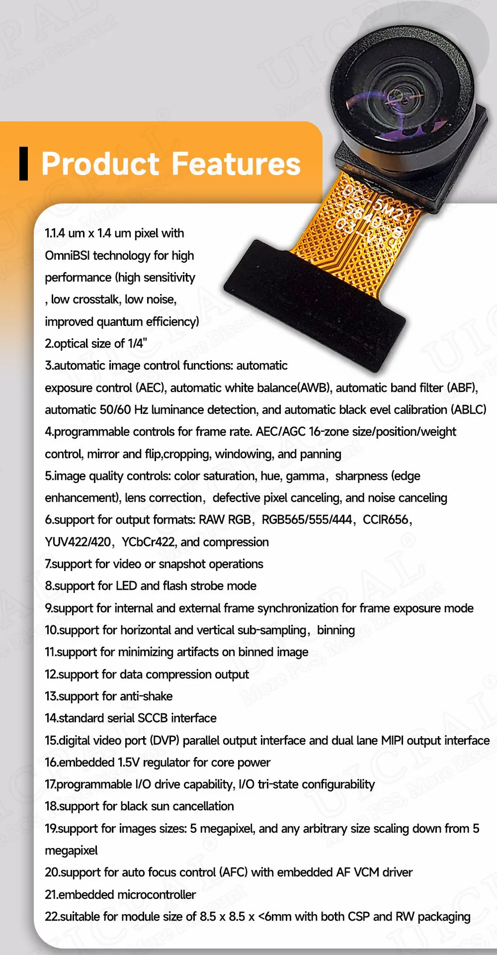 OV5640 Camera Module 222 200 100 66 120 160 Degrees Wide Angle 24PIN 0.5MM Spacing DVP MIPI