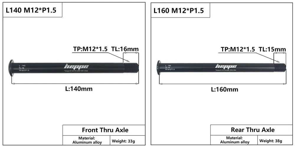 HEPPE MTB Road Bike Thru Axle Front Fork Shaft Skewers Rear Hub Thru Axle 12x142 12x148 12x100 12x110 M12xP1.0/P1.5 Bike Parts