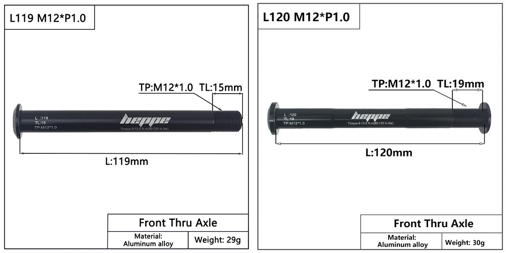 HEPPE MTB Road Bike Thru Axle Front Fork Shaft Skewers Rear Hub Thru Axle 12x142 12x148 12x100 12x110 M12xP1.0/P1.5 Bike Parts