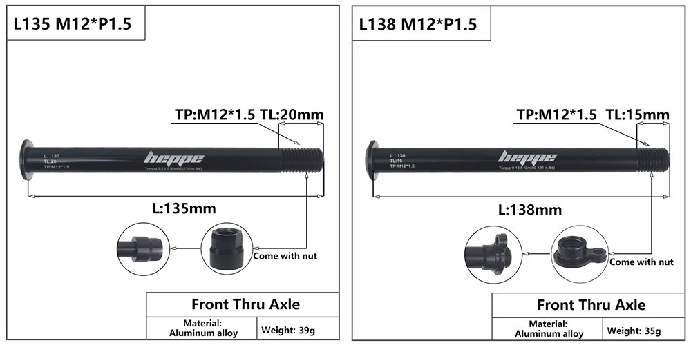 HEPPE MTB Road Bike Thru Axle Front Fork Shaft Skewers Rear Hub Thru Axle 12x142 12x148 12x100 12x110 M12xP1.0/P1.5 Bike Parts