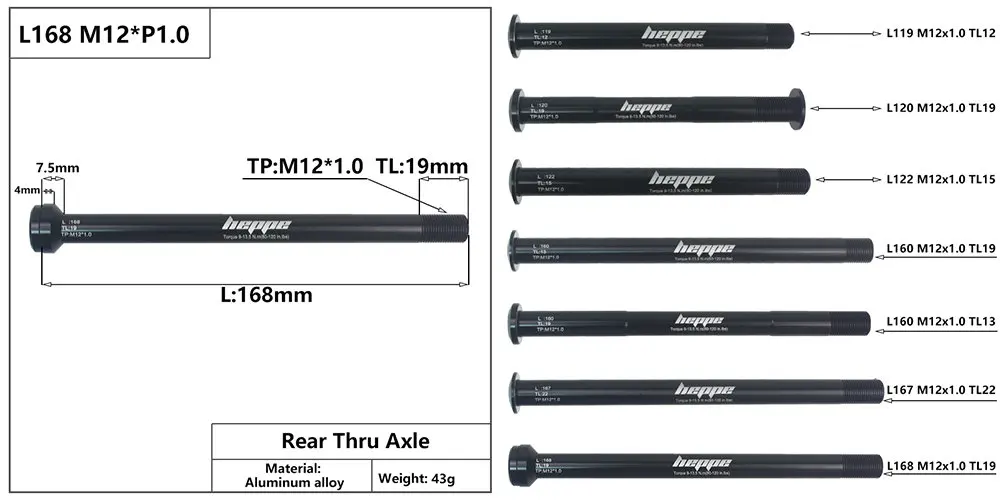 HEPPE MTB Road Bike Thru Axle Front Fork Shaft Skewers Rear Hub Thru Axle 12x142 12x148 12x100 12x110 M12xP1.0/P1.5 Bike Parts