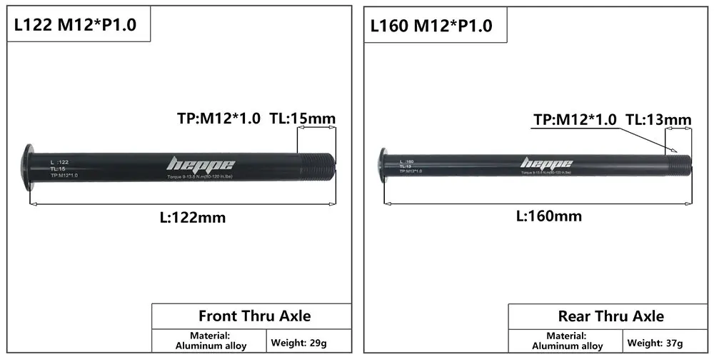 HEPPE MTB Road Bike Thru Axle Front Fork Shaft Skewers Rear Hub Thru Axle 12x142 12x148 12x100 12x110 M12xP1.0/P1.5 Bike Parts