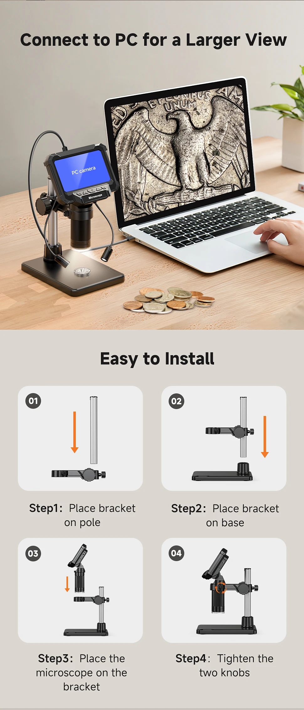 Digital Microscope with 4.3inch IPS Screen 1600X Coin Mirroscope with Lights 1920P HD Video Microscope for PCB, Coins, Plants
