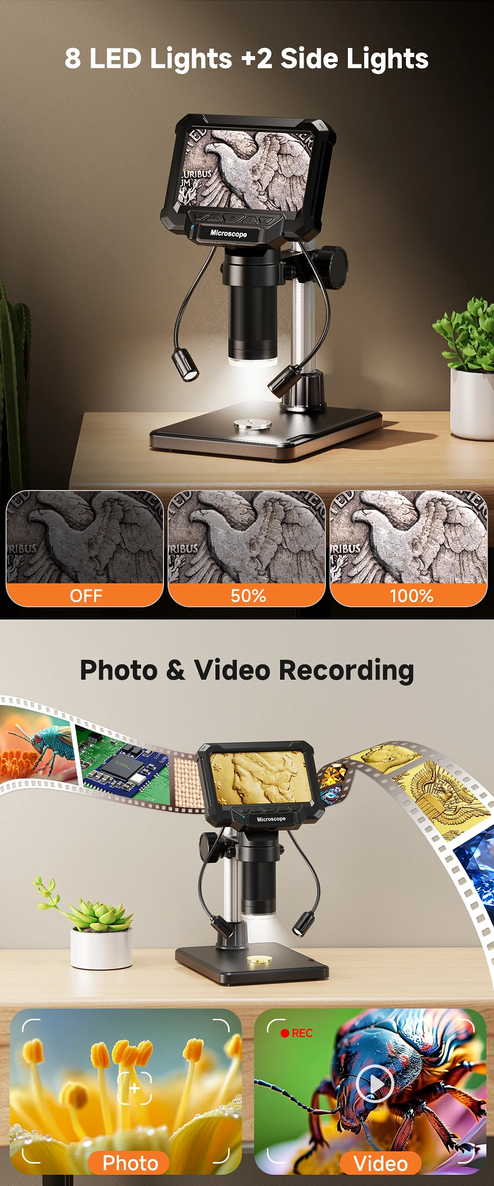 Digital Microscope with 4.3inch IPS Screen 1600X Coin Mirroscope with Lights 1920P HD Video Microscope for PCB, Coins, Plants