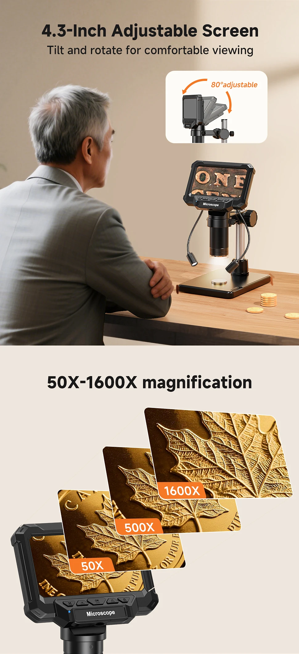 Digital Microscope with 4.3inch IPS Screen 1600X Coin Mirroscope with Lights 1920P HD Video Microscope for PCB, Coins, Plants