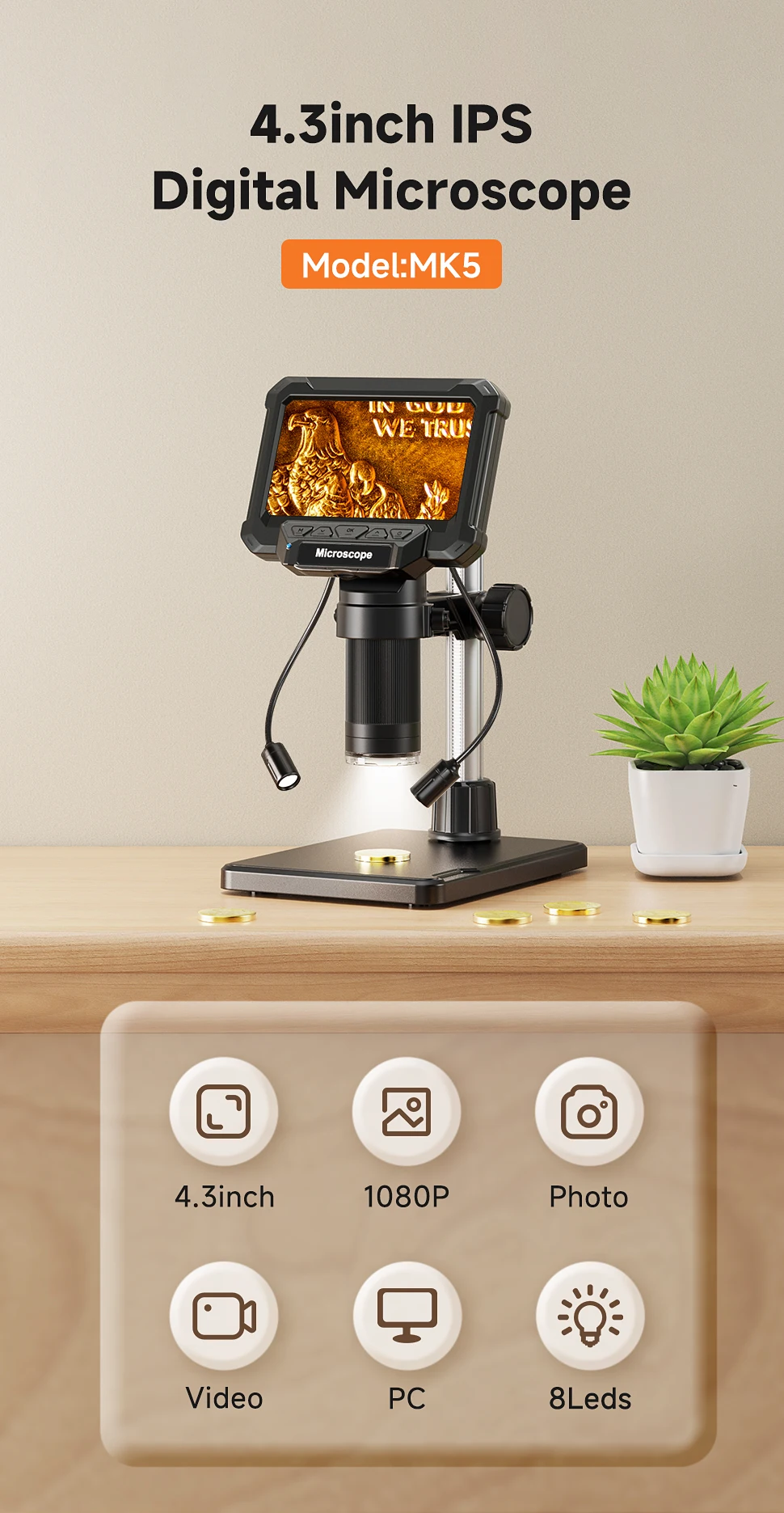 Digital Microscope with 4.3inch IPS Screen 1600X Coin Mirroscope with Lights 1920P HD Video Microscope for PCB, Coins, Plants