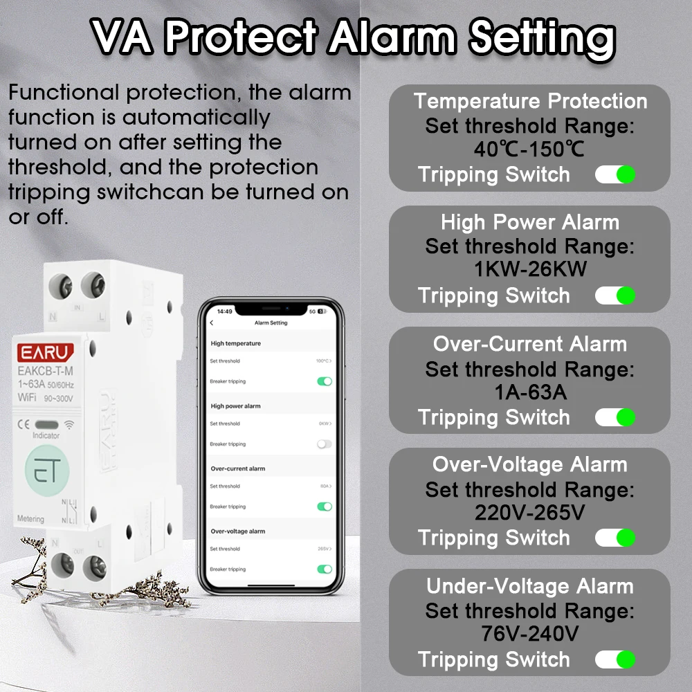 EARU Tuya WiFi Smart Circuit Breaker MCB 63A Timer Power Energy kWh Voltage Current Meter Protector Voice Remote Control Switch