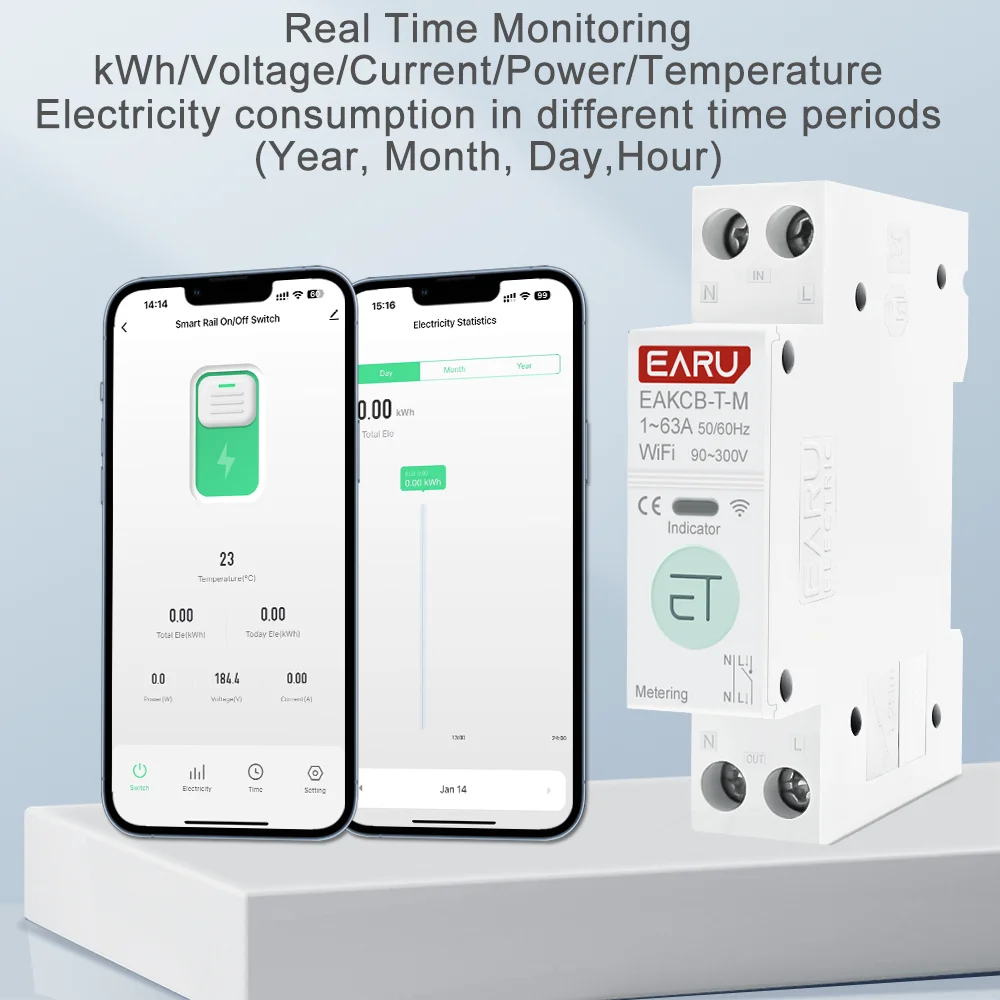EARU Tuya WiFi Smart Circuit Breaker MCB 63A Timer Power Energy kWh Voltage Current Meter Protector Voice Remote Control Switch