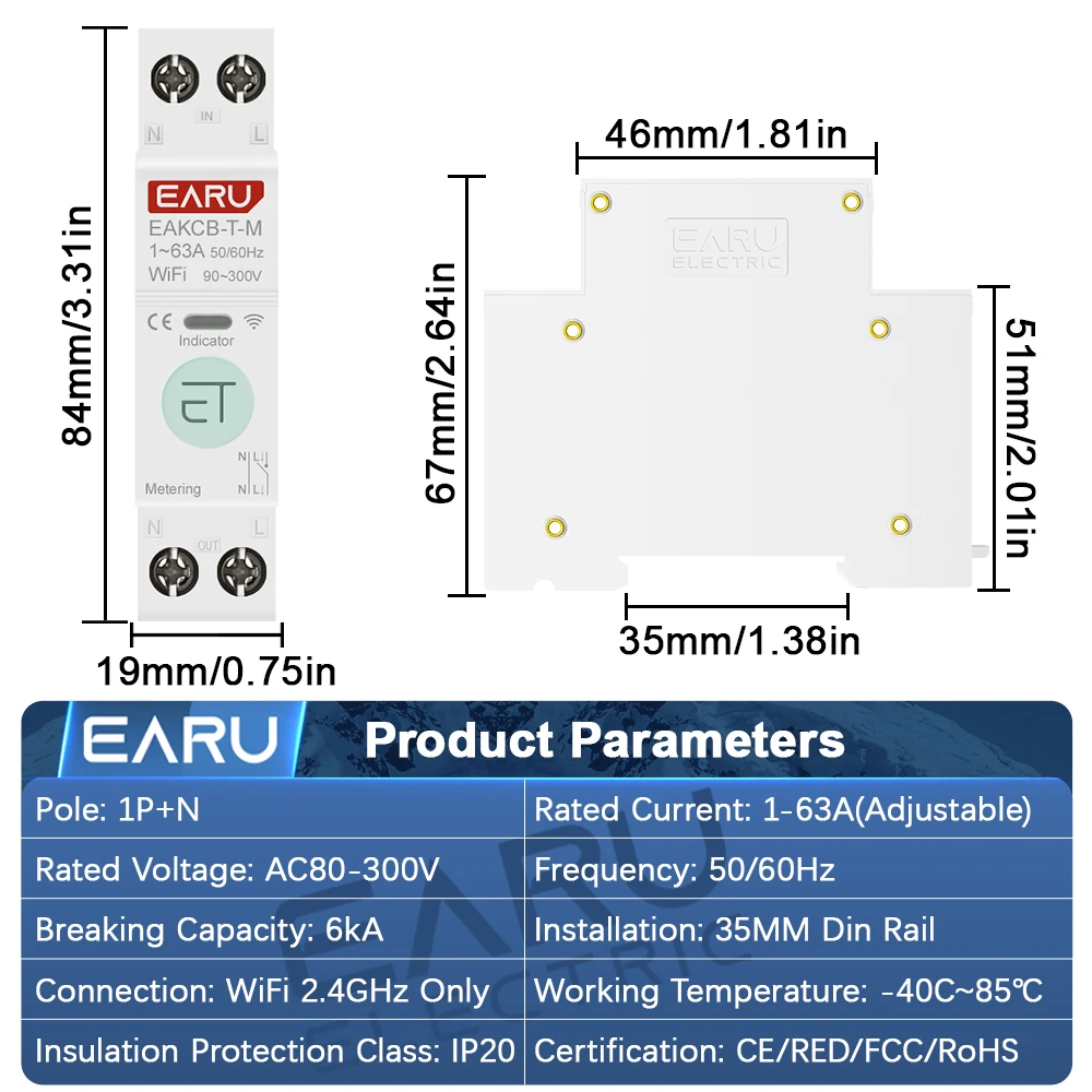 EARU Tuya WiFi Smart Circuit Breaker MCB 63A Timer Power Energy kWh Voltage Current Meter Protector Voice Remote Control Switch