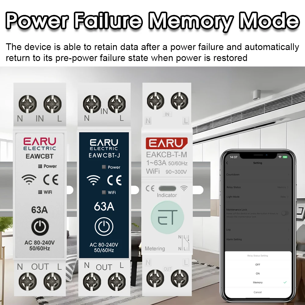 EARU Tuya WiFi Smart Circuit Breaker MCB 63A Timer Power Energy kWh Voltage Current Meter Protector Voice Remote Control Switch