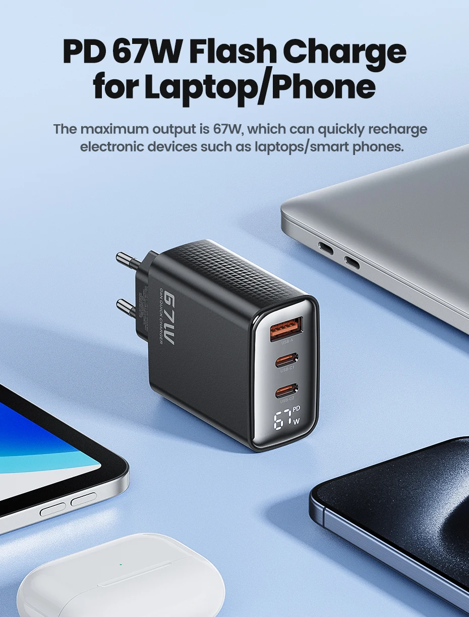 Toocki 67W GaN Charger Digital Display Quick Charge 4.0 3.0 Fast Type C USB Charger for Laptop iPhone Samsung Xiaomi Realme POCO