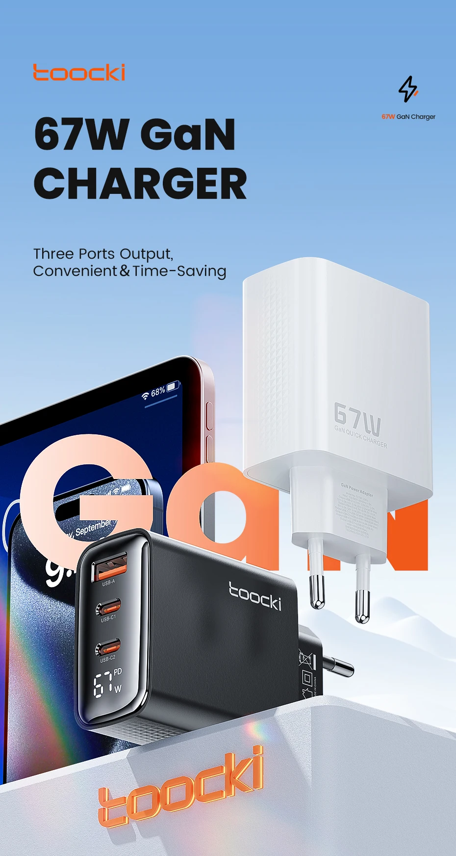 Toocki 67W GaN Charger Digital Display Quick Charge 4.0 3.0 Fast Type C USB Charger for Laptop iPhone Samsung Xiaomi Realme POCO