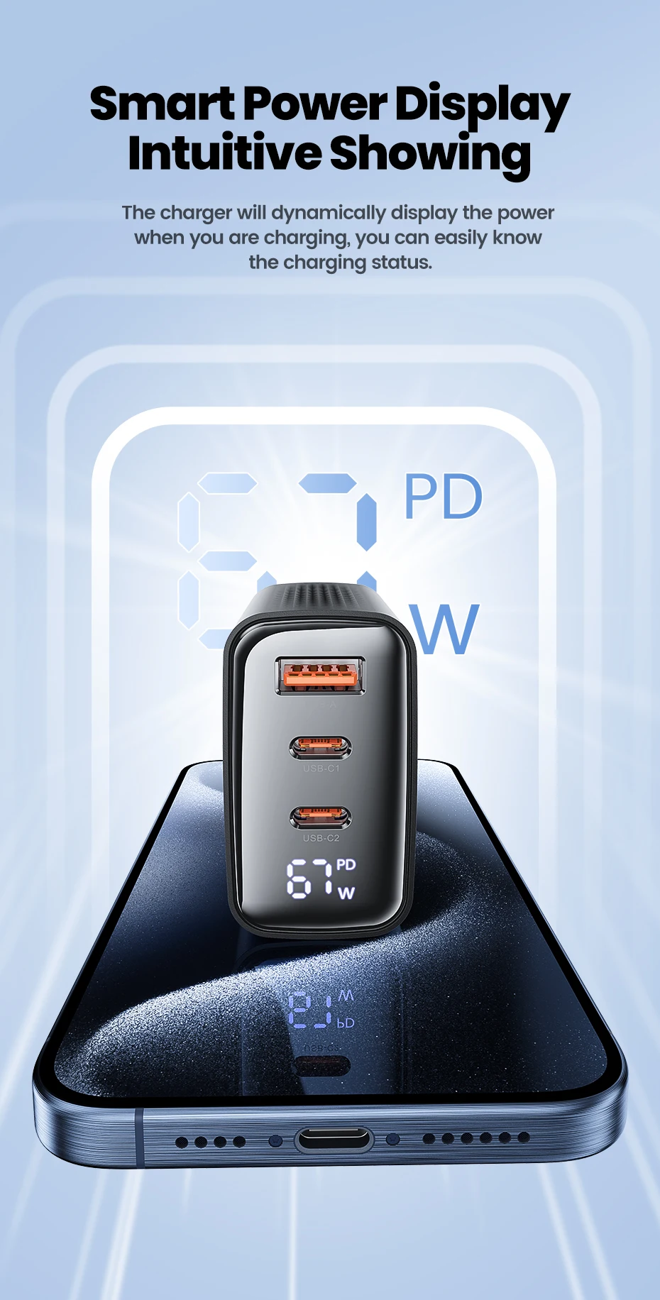 Toocki 67W GaN Charger Digital Display Quick Charge 4.0 3.0 Fast Type C USB Charger for Laptop iPhone Samsung Xiaomi Realme POCO