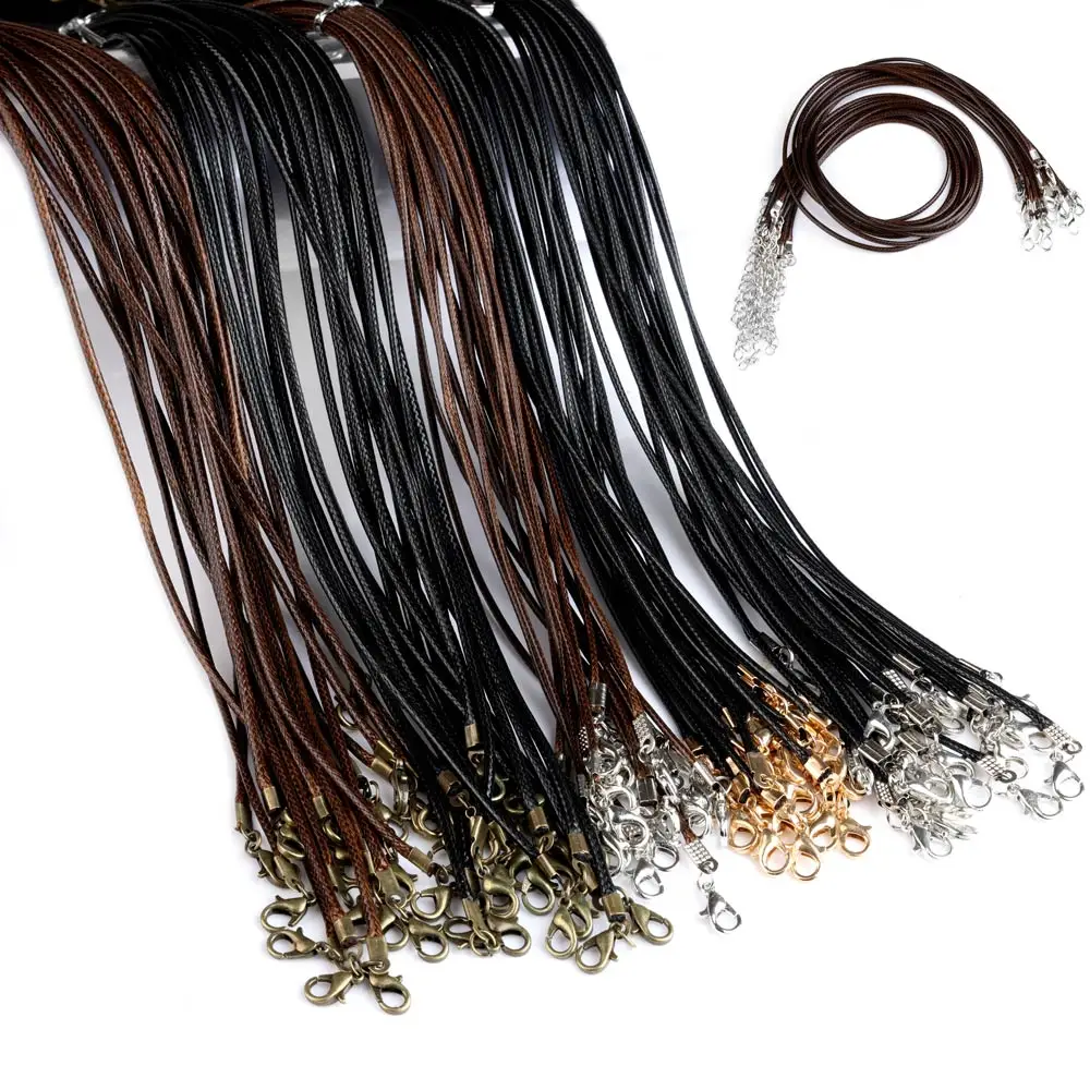 20Pcs/lot 45+5cm Leather String Cord Wax Braided 1.5/2mm Rope Adjustable Chain Lobster Clasp Necklaces Pendant Jewelry Findings
