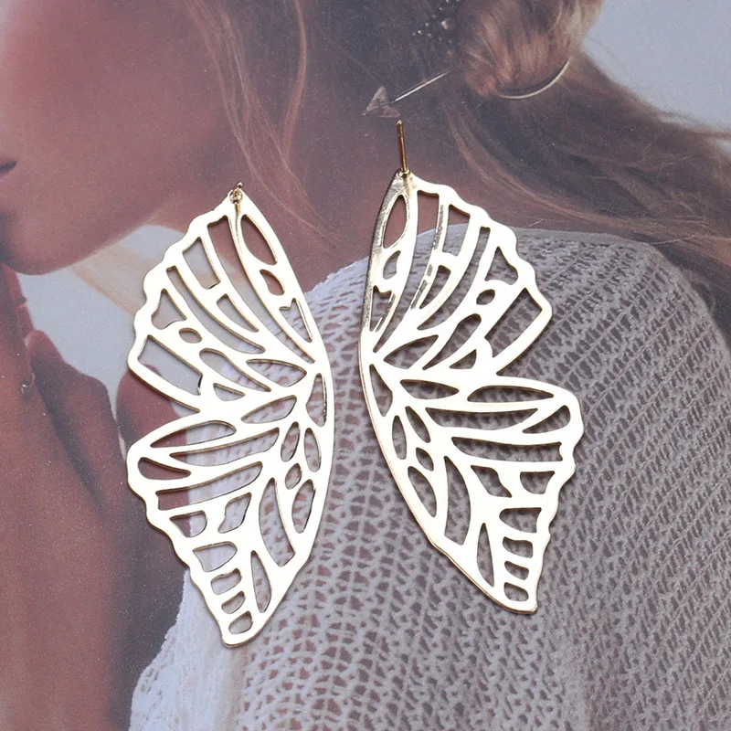 New Personality Metal Drop Earrings for Women Irregular Exaggerated Gold Color Geometric Hollow Butterfly Earrings Pendientes