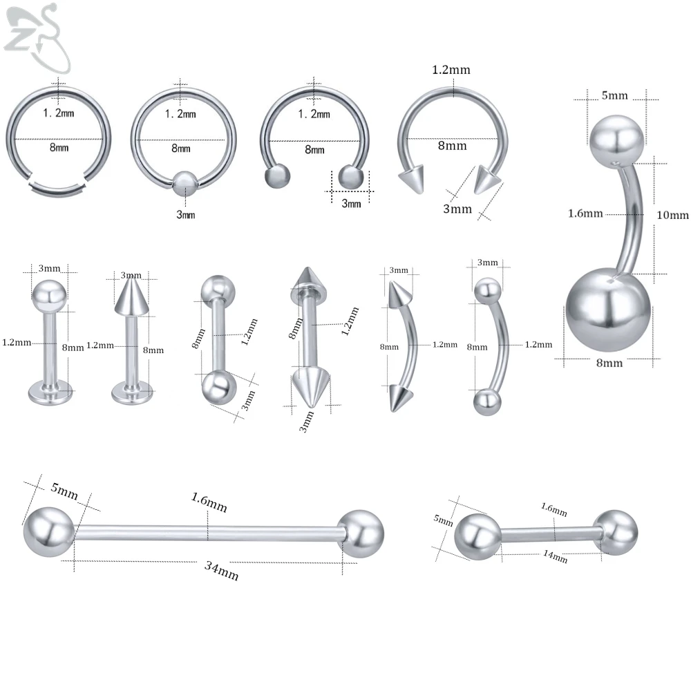 ZS Body Piercing Tool Kit 12-20G Disposable Professional Body Self Piercing Kits Clamp Gloves Tools Ear Lip Nose Navel Piercings