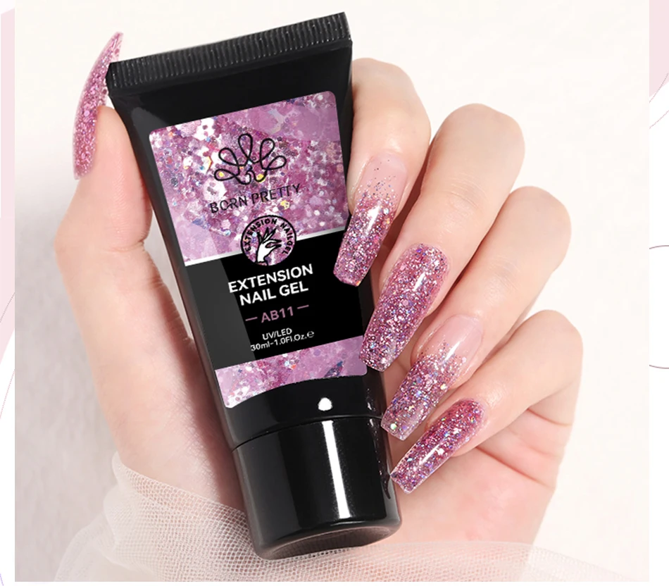 BORN PRETTY 30ml Glitter Acrylic Gel Finger Extension Nail Polish Silver Pink Extension Gel Polish Soak Off Nail Slip Solution