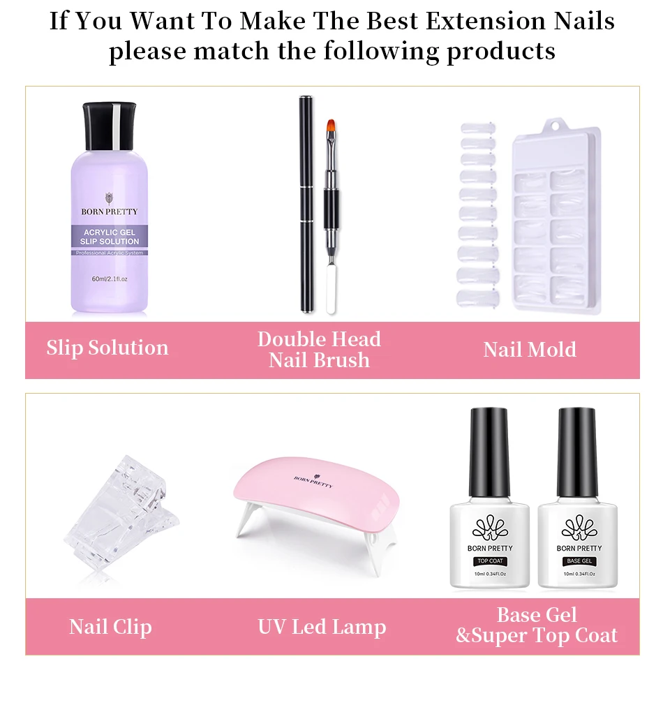 BORN PRETTY 30ml Glitter Acrylic Gel Finger Extension Nail Polish Silver Pink Extension Gel Polish Soak Off Nail Slip Solution