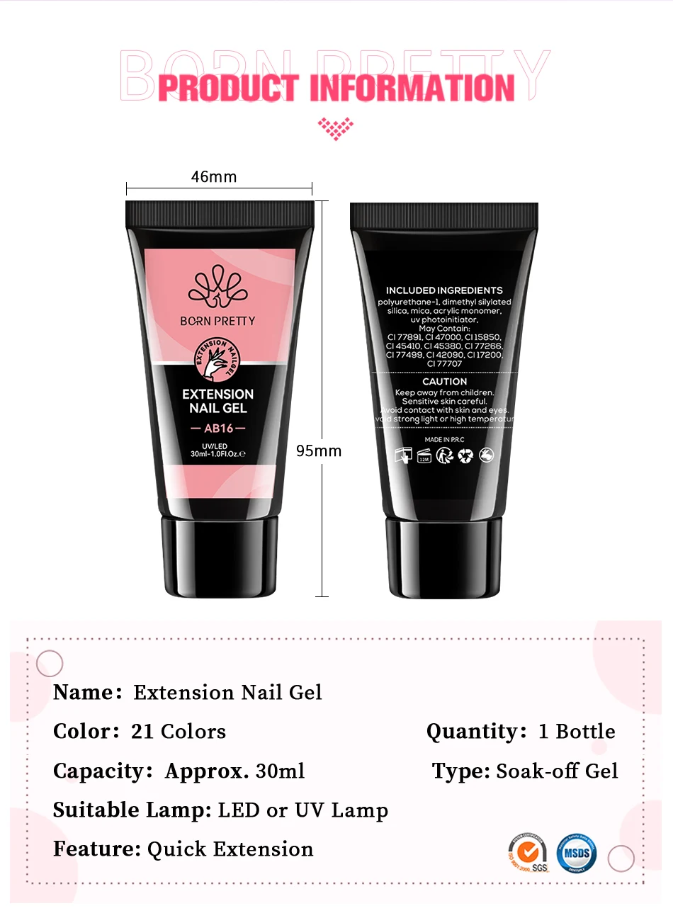 BORN PRETTY 30ml Glitter Acrylic Gel Finger Extension Nail Polish Silver Pink Extension Gel Polish Soak Off Nail Slip Solution
