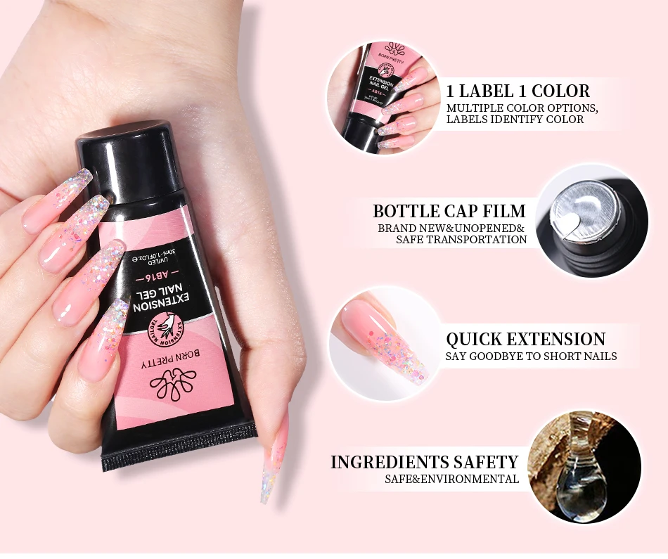 BORN PRETTY 30ml Glitter Acrylic Gel Finger Extension Nail Polish Silver Pink Extension Gel Polish Soak Off Nail Slip Solution