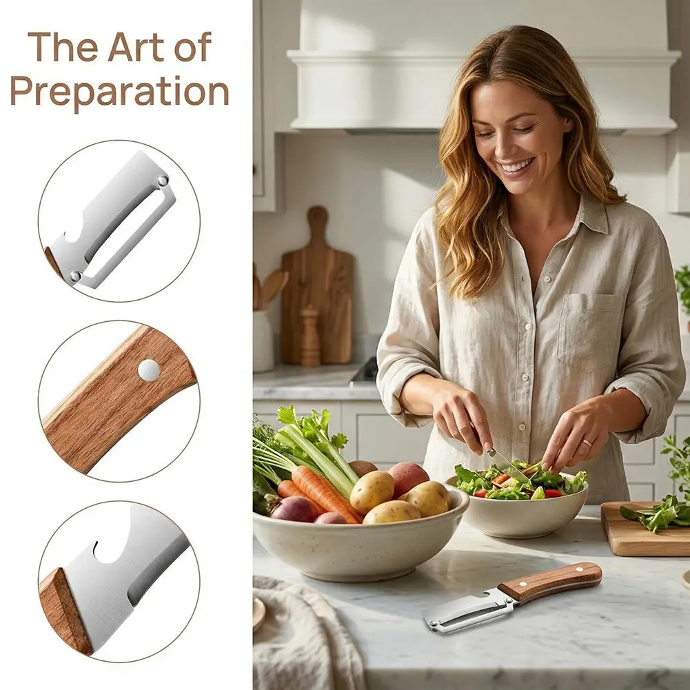 Stainless steel peeler with wooden handle for peeling and slicing fruits and vegetables | Durable and smooth operation