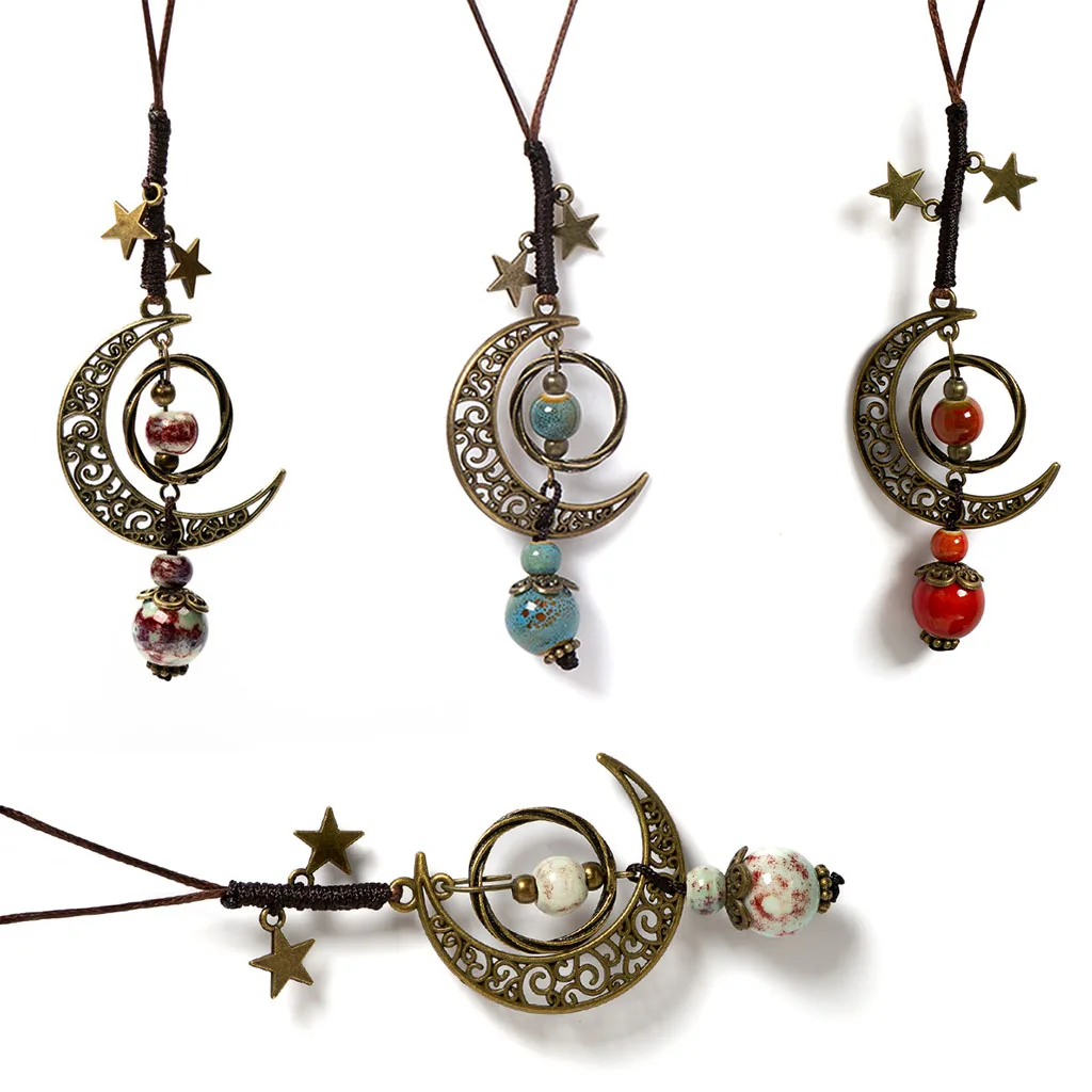 Moon and Star Handmade Ceramic Necklace Adjustable Pendant Boho Vintage Jewelry Multiple Colors Accessories 142